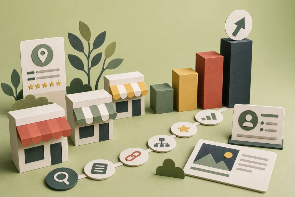 Scène papier de croissance SEO avec commerce, barres et chemin ascendant