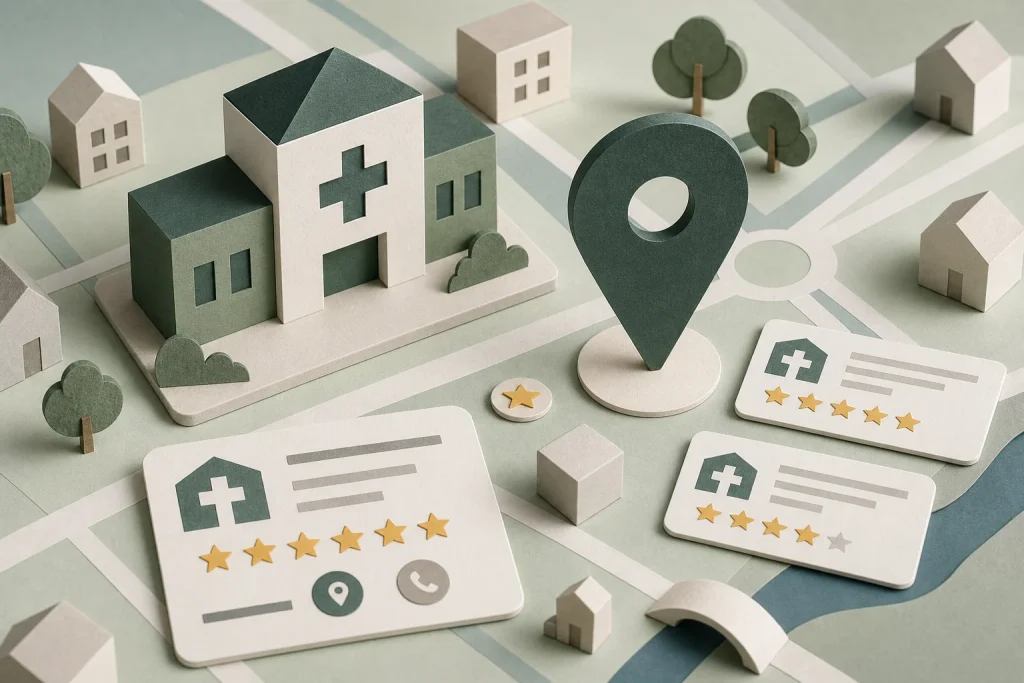 Diorama papier avec bâtiment de santé, carte locale et repère de localisation