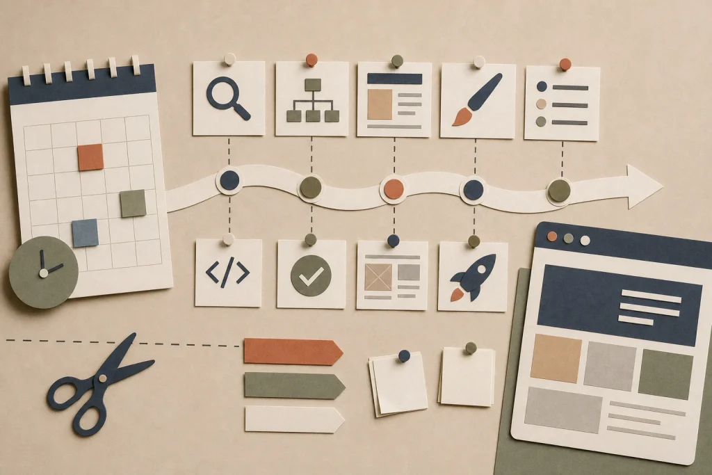 Planning papier avec calendrier, jalons et cadre de site en refonte