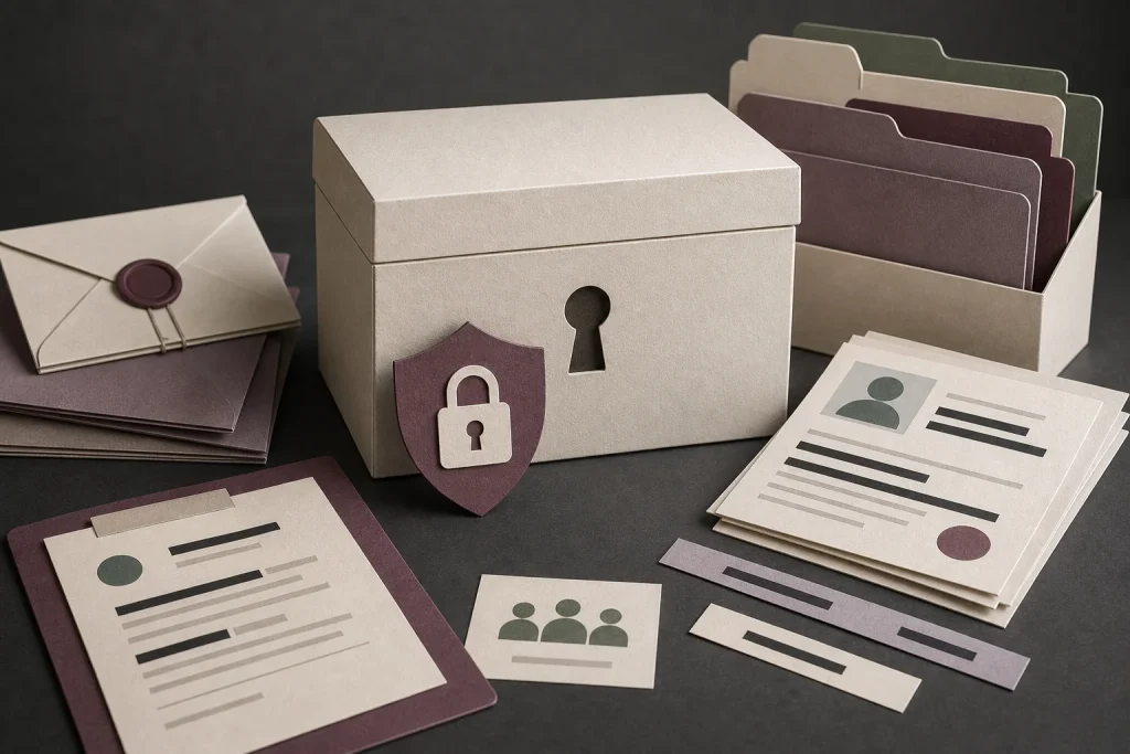 Composition papier sombre avec dossiers, enveloppes et coffre de confidentialité